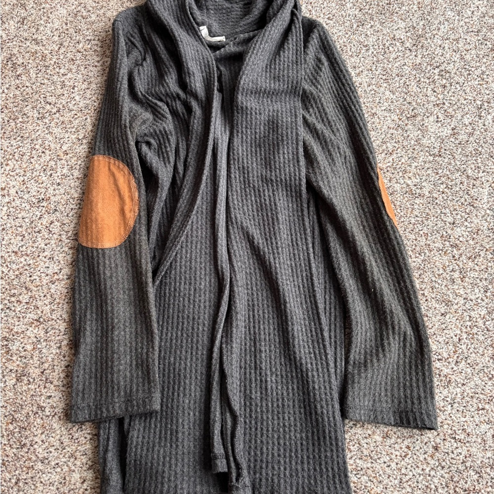 Honey Punch Charcoal Cardigan with Tan Elbow Patches
